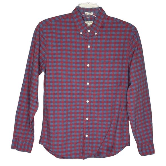 J Crew Shirt Mens Medium Red‎ Gingham Plaid Slim Untucked Career Casual Preppy - Picture 1 of 9